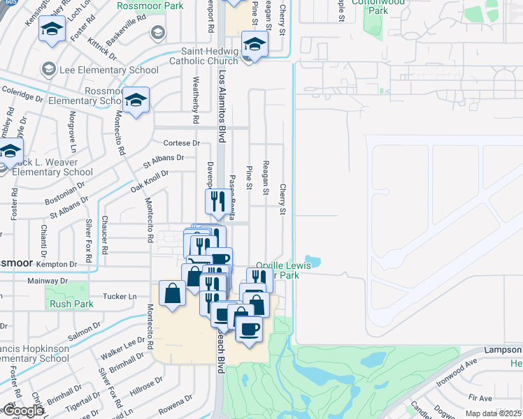 map of restaurants, bars, coffee shops, grocery stores, and more near 12021 Reagan Street in Los Alamitos