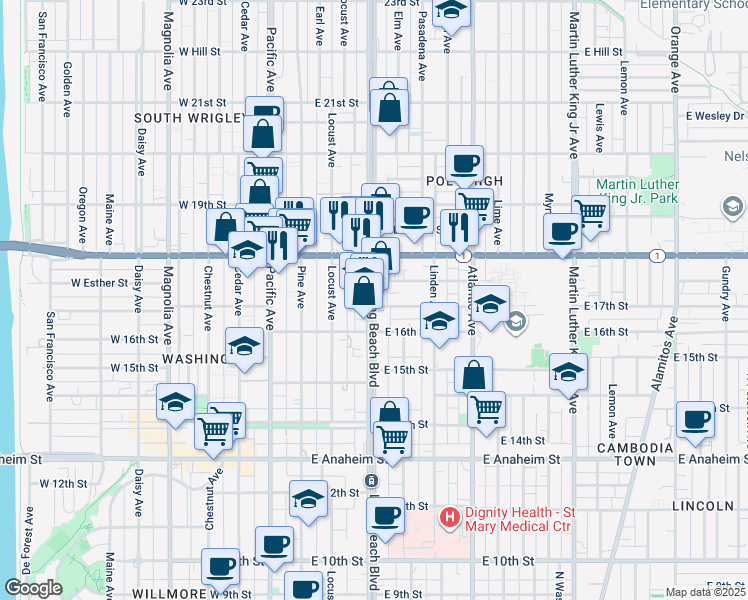 map of restaurants, bars, coffee shops, grocery stores, and more near 7221/2 Cherry Avenue in Long Beach