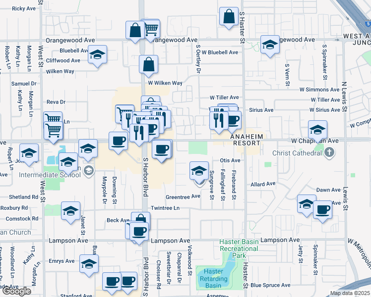 map of restaurants, bars, coffee shops, grocery stores, and more near 12688 Chapman Avenue in Garden Grove