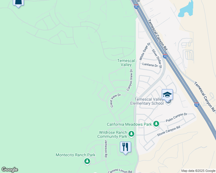 map of restaurants, bars, coffee shops, grocery stores, and more near 8750 Rolling Hills Drive in Corona