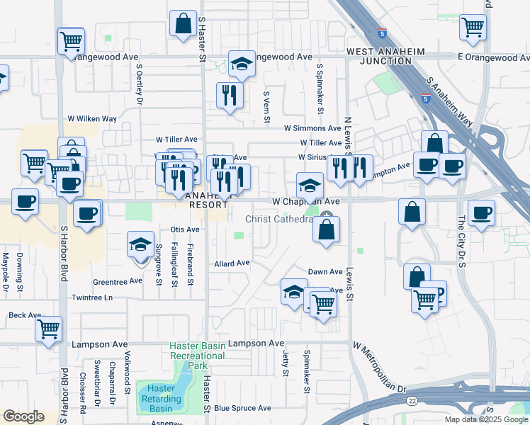 map of restaurants, bars, coffee shops, grocery stores, and more near 13181 Balboa Avenue in Garden Grove