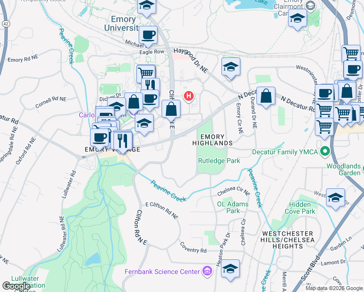 map of restaurants, bars, coffee shops, grocery stores, and more near 1717 North Decatur Road in Atlanta