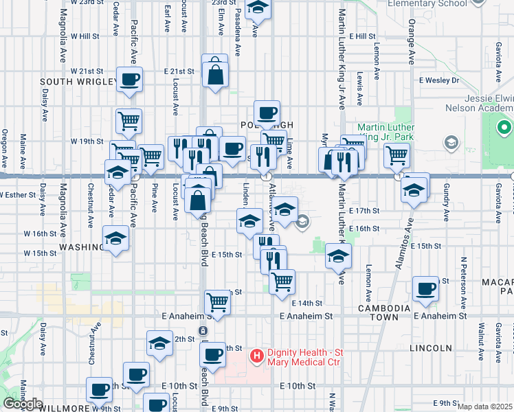 map of restaurants, bars, coffee shops, grocery stores, and more near 521 East 17th Street in Long Beach