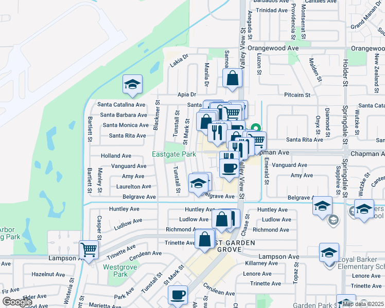 map of restaurants, bars, coffee shops, grocery stores, and more near 12011 Bailey Street in Garden Grove