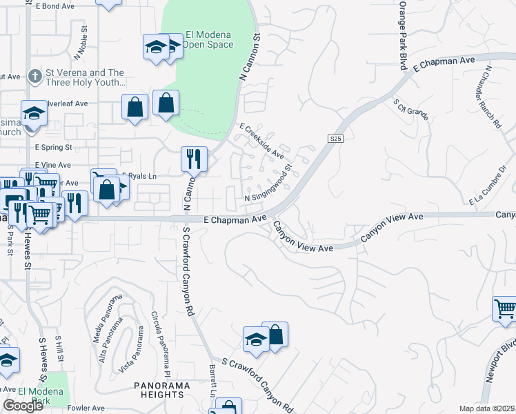 map of restaurants, bars, coffee shops, grocery stores, and more near 155 North Singingwood Street in Orange