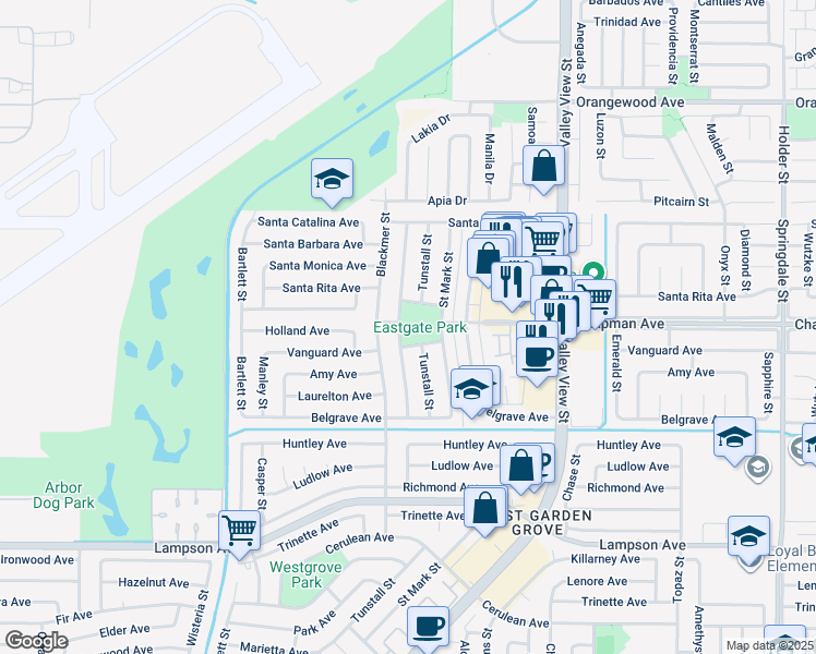 map of restaurants, bars, coffee shops, grocery stores, and more near 12001 Saint Mark Street in Garden Grove