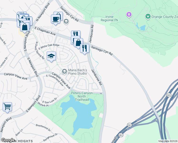 map of restaurants, bars, coffee shops, grocery stores, and more near 147 North Mine Canyon Road in Orange