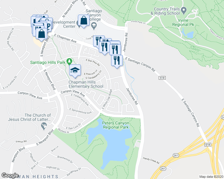 map of restaurants, bars, coffee shops, grocery stores, and more near 154 North Deerwood Street in Orange