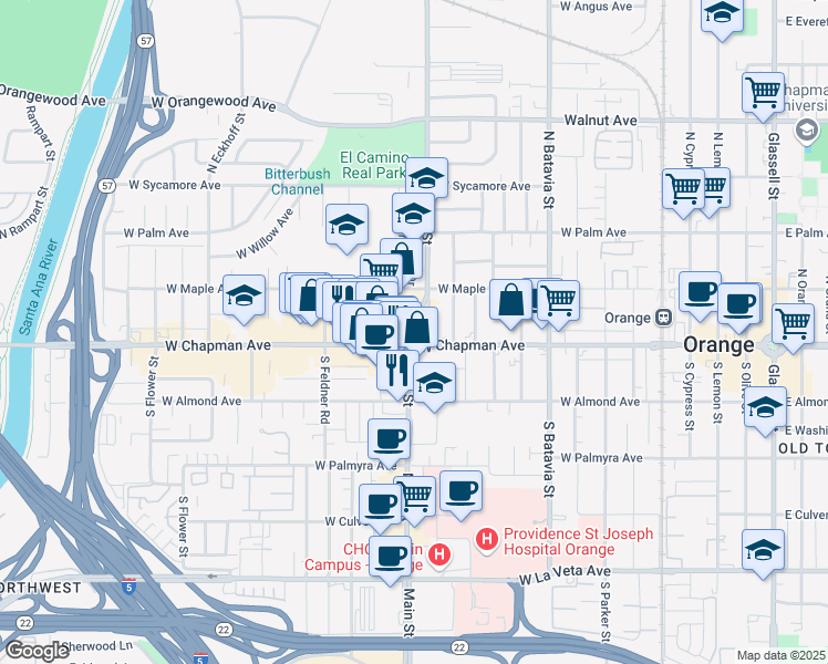 map of restaurants, bars, coffee shops, grocery stores, and more near 1407 North Main Street in Orange