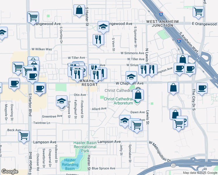 map of restaurants, bars, coffee shops, grocery stores, and more near 4531 Chapman Avenue in Orange