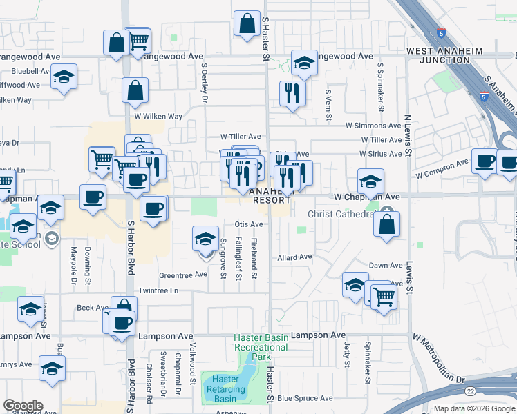 map of restaurants, bars, coffee shops, grocery stores, and more near 12931 Chapman Avenue in Garden Grove