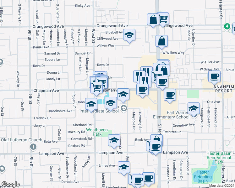 map of restaurants, bars, coffee shops, grocery stores, and more near 12131 Chapman Avenue in Garden Grove