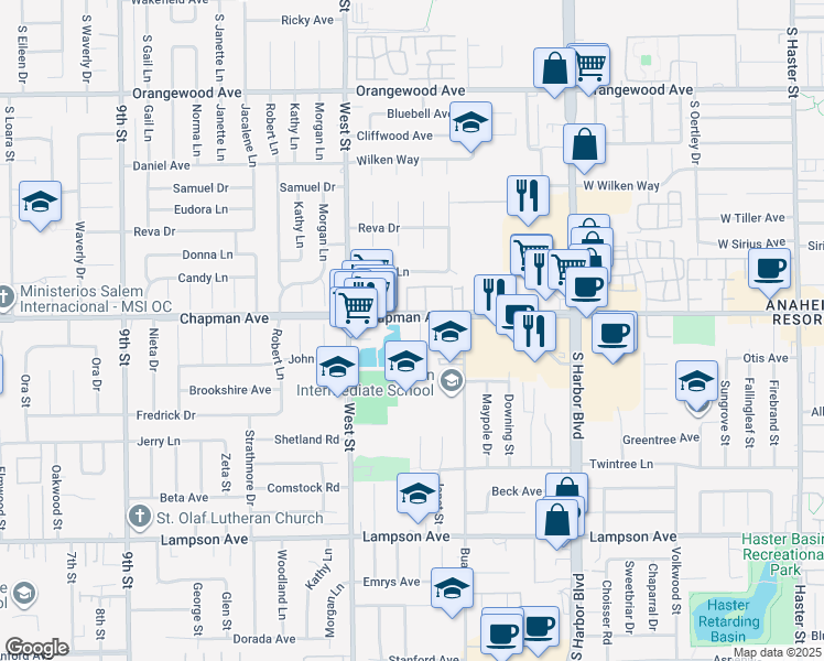 map of restaurants, bars, coffee shops, grocery stores, and more near 12131 Chapman Avenue in Garden Grove
