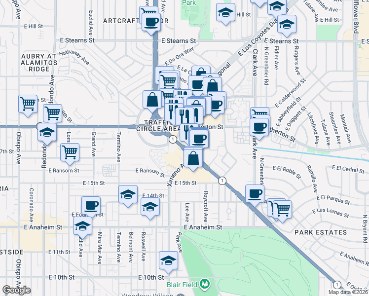 map of restaurants, bars, coffee shops, grocery stores, and more near 4511 California 1 in Long Beach