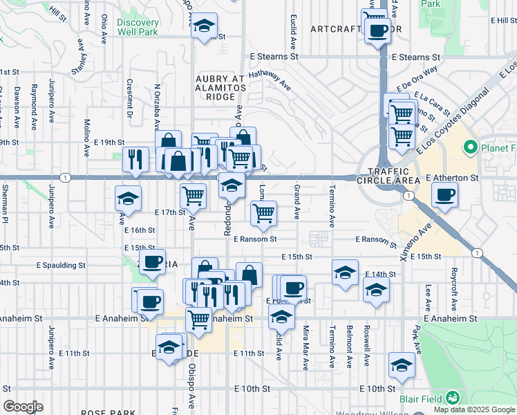 map of restaurants, bars, coffee shops, grocery stores, and more near 1751 Loma Avenue in Long Beach
