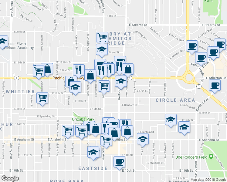 map of restaurants, bars, coffee shops, grocery stores, and more near 1730 Coronado Avenue in Long Beach