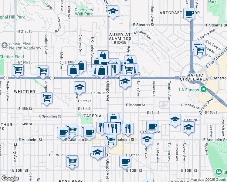 map of restaurants, bars, coffee shops, grocery stores, and more near 1730 Coronado Avenue in Long Beach