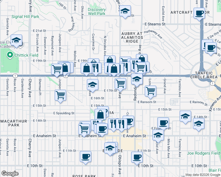 map of restaurants, bars, coffee shops, grocery stores, and more near 1750 Orizaba Avenue in Long Beach