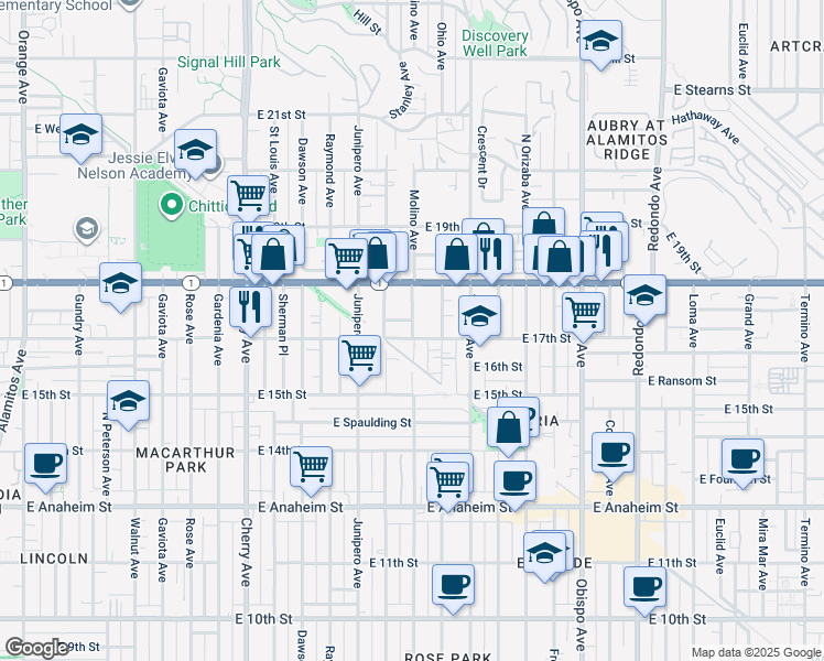 map of restaurants, bars, coffee shops, grocery stores, and more near 1750 Molino Avenue in Long Beach