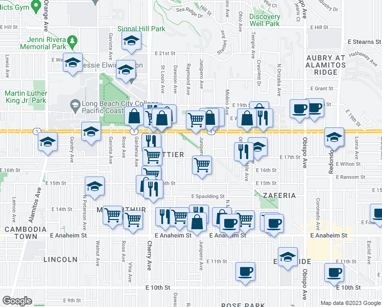 map of restaurants, bars, coffee shops, grocery stores, and more near 1735 Junipero Avenue in Long Beach