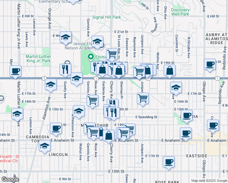 map of restaurants, bars, coffee shops, grocery stores, and more near 1752 Cherry Avenue in Long Beach