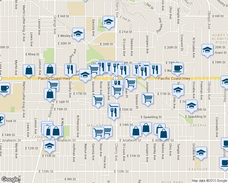 map of restaurants, bars, coffee shops, grocery stores, and more near 1730 Gardenia Avenue in Long Beach