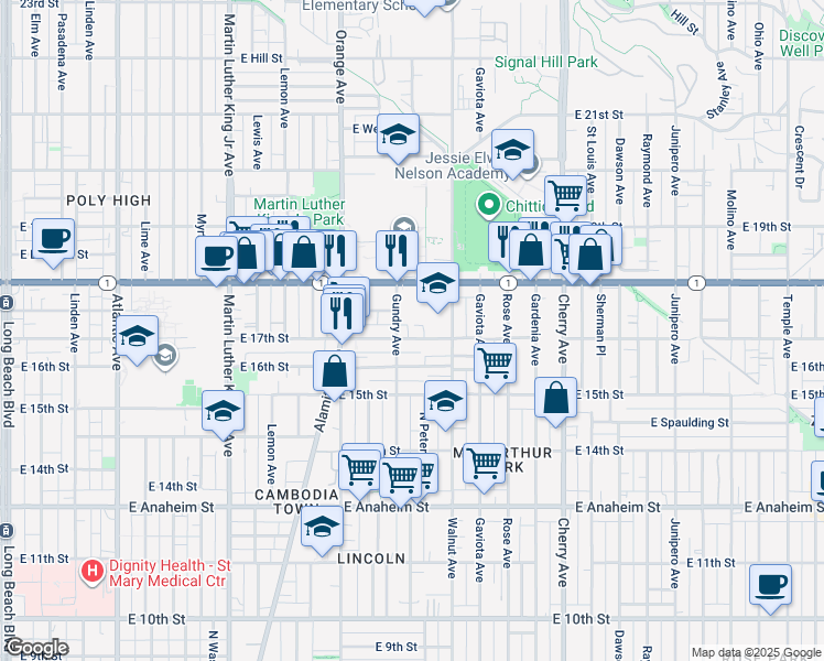 map of restaurants, bars, coffee shops, grocery stores, and more near 1424 East Esther Street in Long Beach