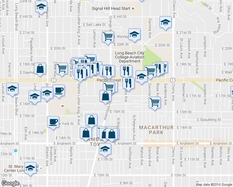 map of restaurants, bars, coffee shops, grocery stores, and more near 1752 Alamitos Avenue in Long Beach