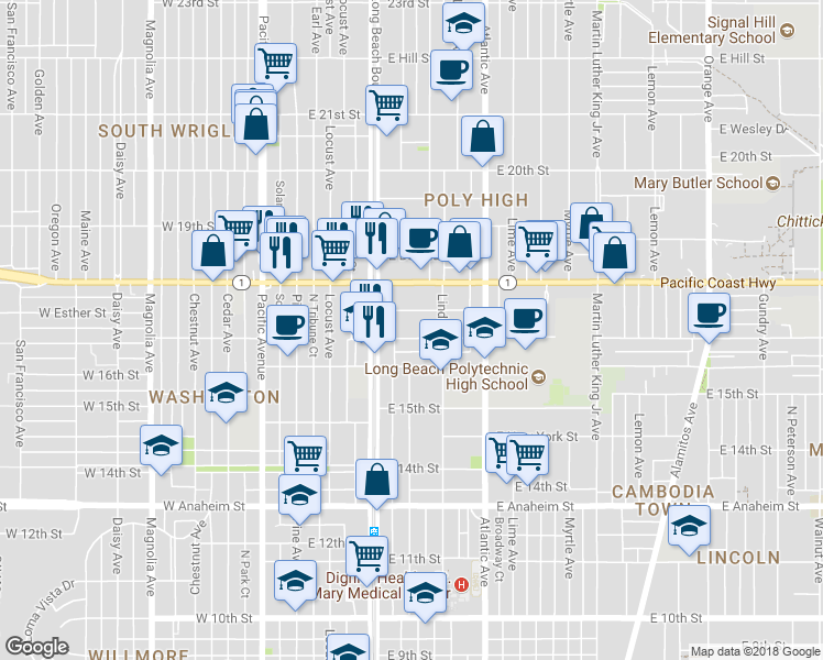 map of restaurants, bars, coffee shops, grocery stores, and more near 351 East Esther Street in Long Beach