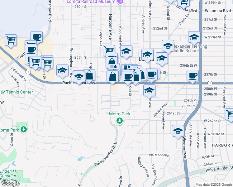 map of restaurants, bars, coffee shops, grocery stores, and more near 2130 California 1 in Lomita