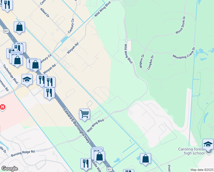map of restaurants, bars, coffee shops, grocery stores, and more near 501 Wild Wing Boulevard in Conway