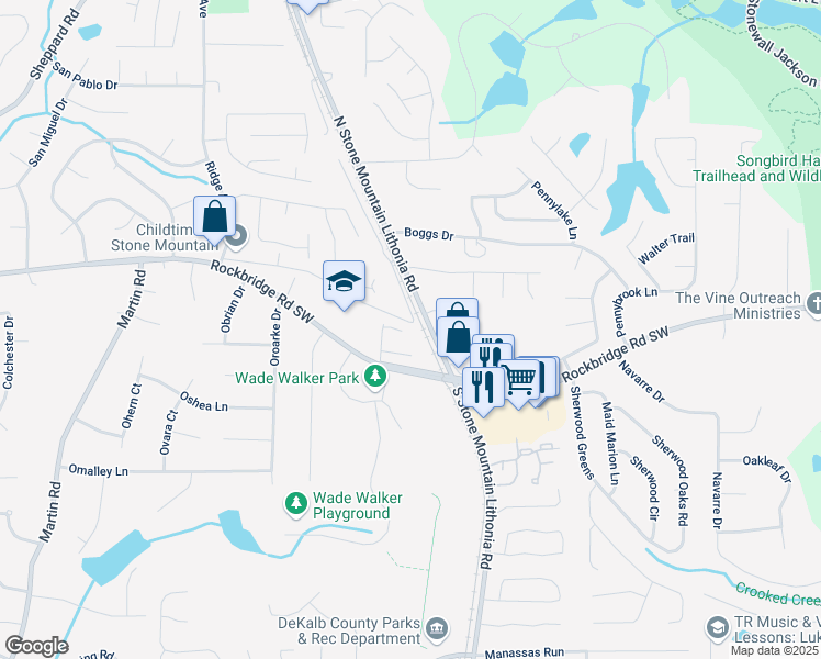 map of restaurants, bars, coffee shops, grocery stores, and more near 459 Orchard Drive in Stone Mountain