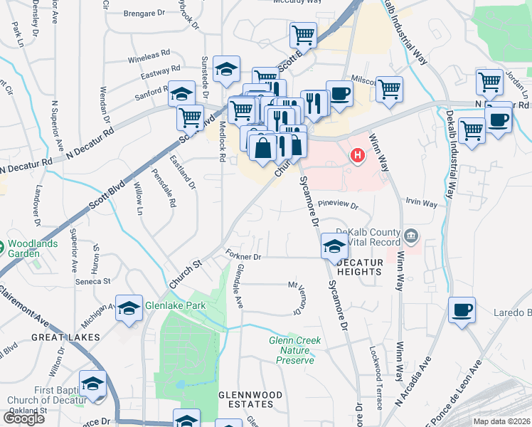 map of restaurants, bars, coffee shops, grocery stores, and more near 2450 Manor Walk in Decatur