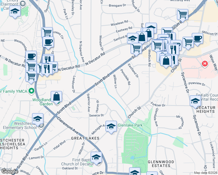 map of restaurants, bars, coffee shops, grocery stores, and more near 215 Willow Lane in Decatur
