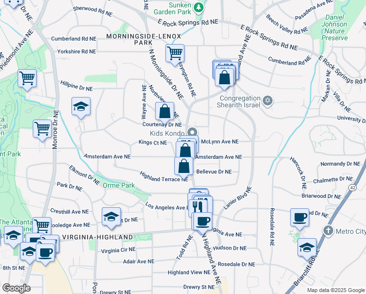 map of restaurants, bars, coffee shops, grocery stores, and more near 1259 North Highland Avenue Northeast in Atlanta