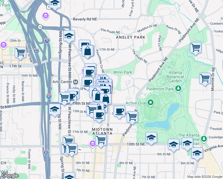map of restaurants, bars, coffee shops, grocery stores, and more near 175 15th Street Northeast in Atlanta