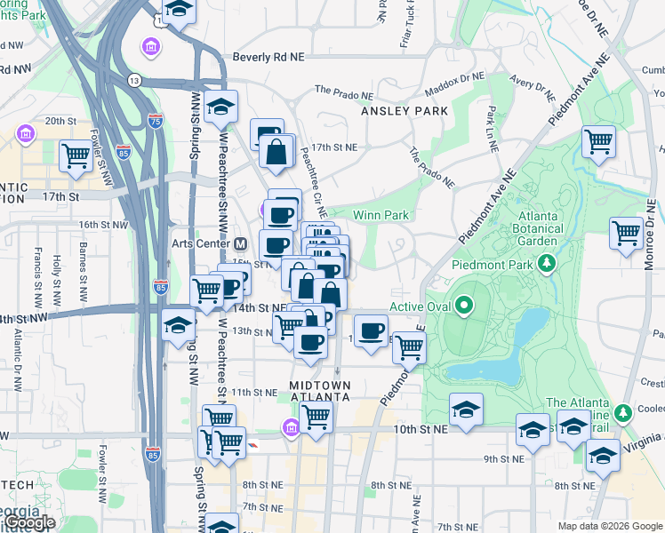 map of restaurants, bars, coffee shops, grocery stores, and more near 3 Peachtree Circle Northeast in Atlanta