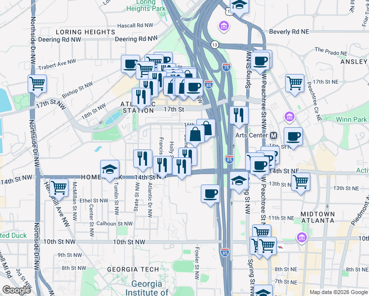 map of restaurants, bars, coffee shops, grocery stores, and more near 1226 Barnes Street Northwest in Atlanta
