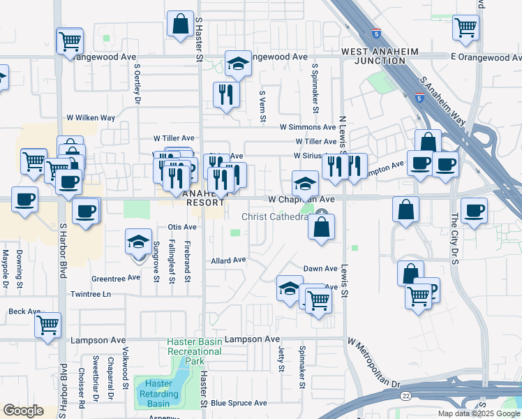 map of restaurants, bars, coffee shops, grocery stores, and more near 13181 Balboa Avenue in Garden Grove