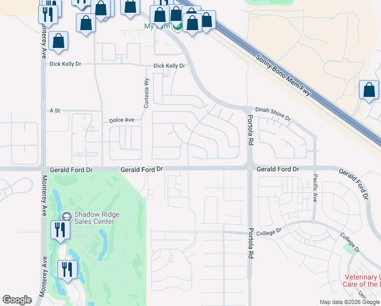map of restaurants, bars, coffee shops, grocery stores, and more near 73758 Monet Drive in Palm Desert