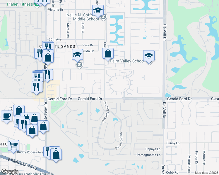 map of restaurants, bars, coffee shops, grocery stores, and more near 69536 Jardin Court in Rancho Mirage