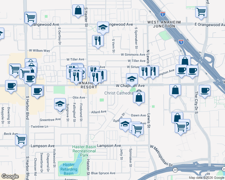map of restaurants, bars, coffee shops, grocery stores, and more near 13181 Balboa Avenue in Garden Grove