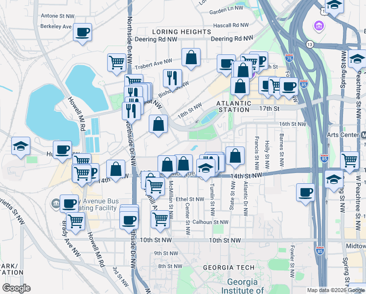 map of restaurants, bars, coffee shops, grocery stores, and more near 450 Sixtenth St in Atlanta