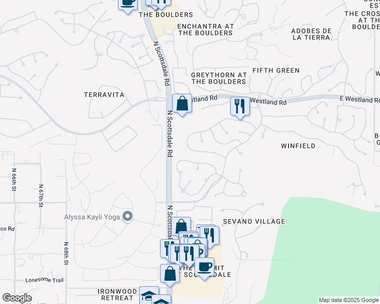 map of restaurants, bars, coffee shops, grocery stores, and more near 7259 East Eagle Feather Road in Scottsdale