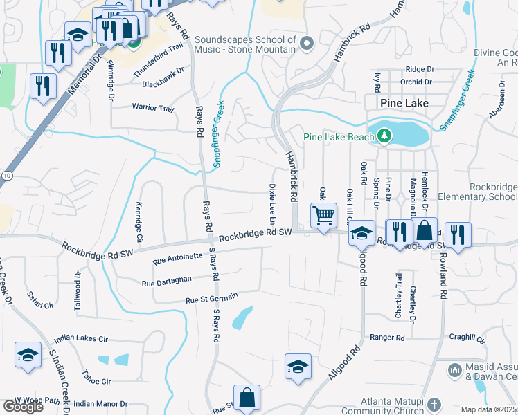 map of restaurants, bars, coffee shops, grocery stores, and more near 4259 Cheryl Ann Court in Stone Mountain