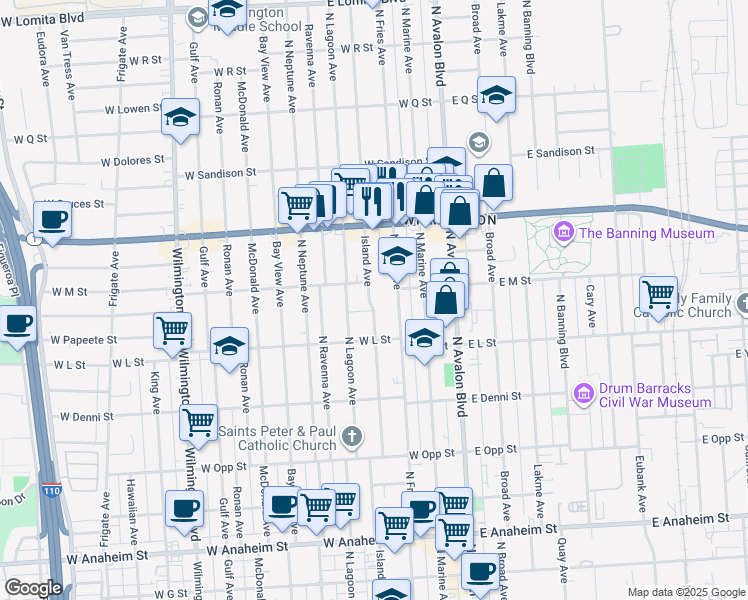 map of restaurants, bars, coffee shops, grocery stores, and more near 1301 North Fries Avenue in Los Angeles