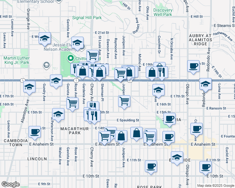 map of restaurants, bars, coffee shops, grocery stores, and more near 2309 East 17th Street in Long Beach