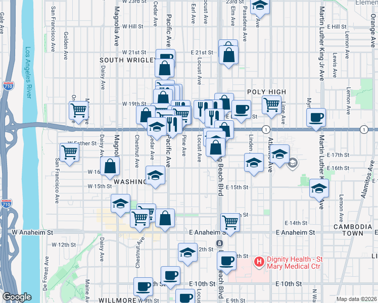 map of restaurants, bars, coffee shops, grocery stores, and more near 1708 Pine Avenue in Long Beach