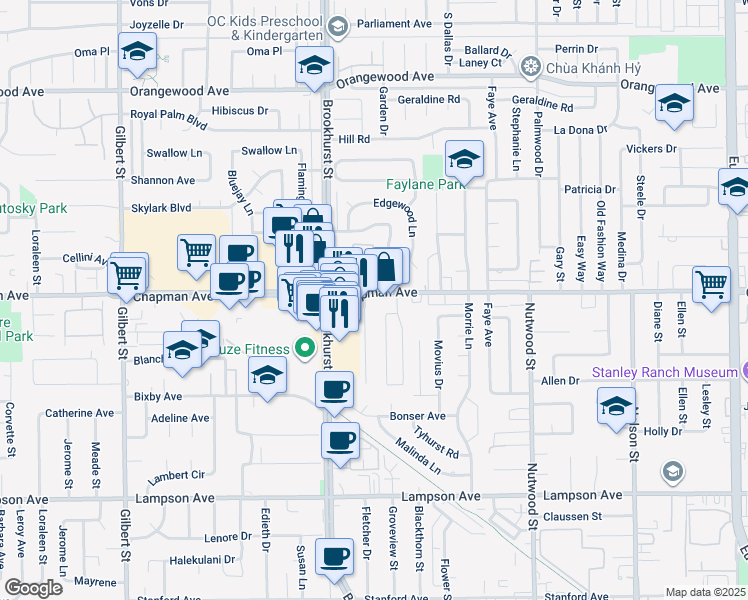 map of restaurants, bars, coffee shops, grocery stores, and more near 10101 Chapman Avenue in Garden Grove