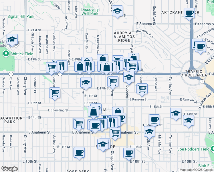 map of restaurants, bars, coffee shops, grocery stores, and more near 1749 Obispo Avenue in Long Beach